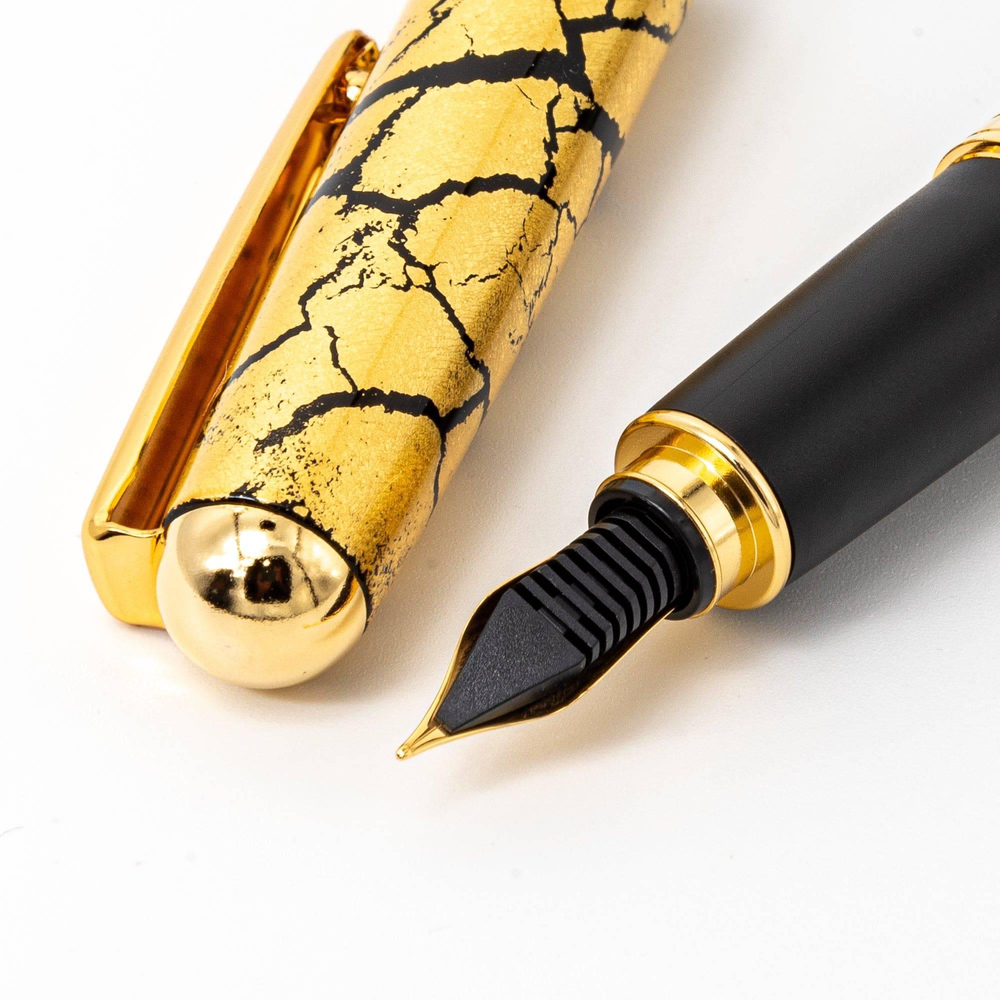 Crack Pattern Gold Leaf Brown fountain pen uncapped showing gold crackle lacquer on barrel and nib section