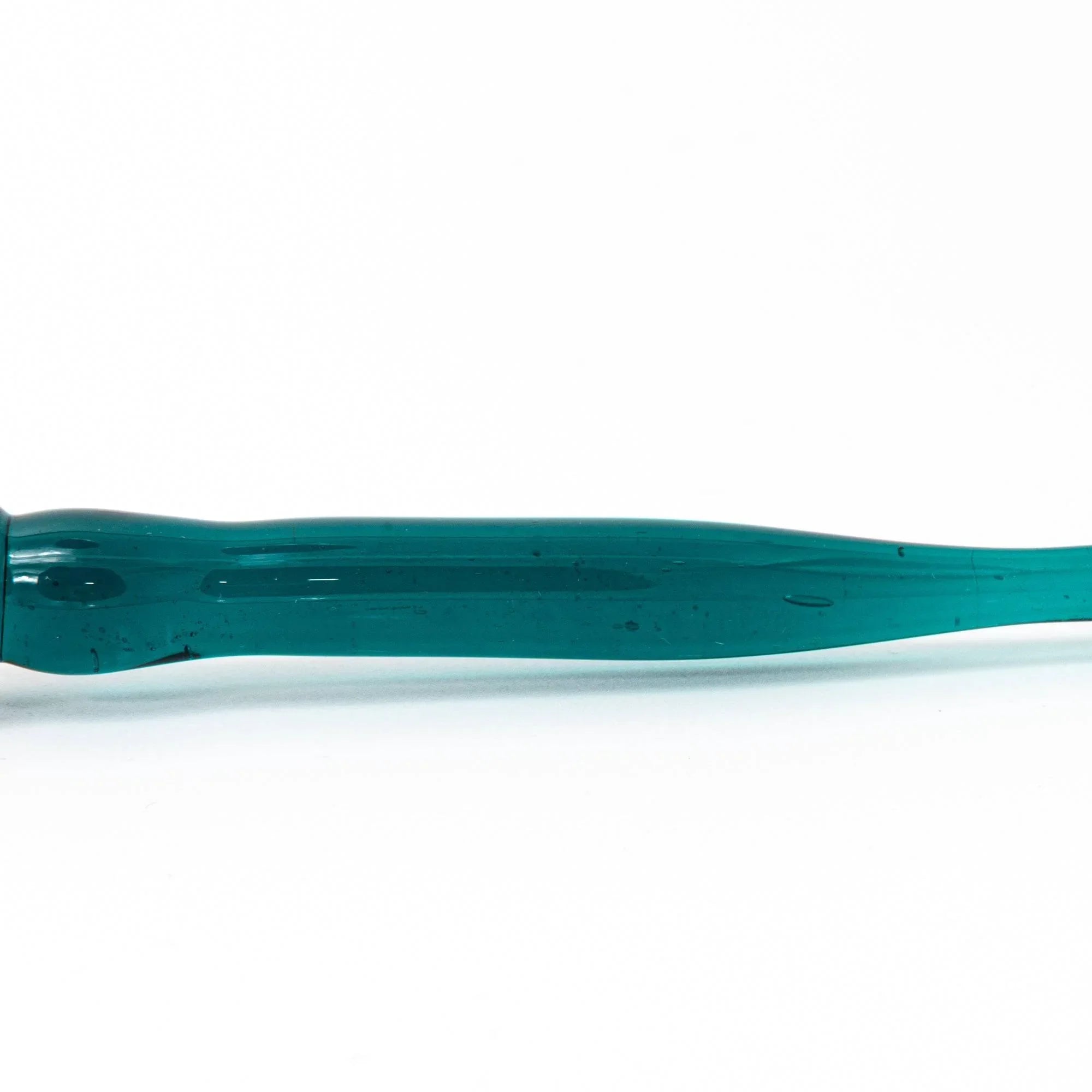 Japanese glass dip pen side profile view with teal aquarium barrel containing orange goldfish and aquatic plants
