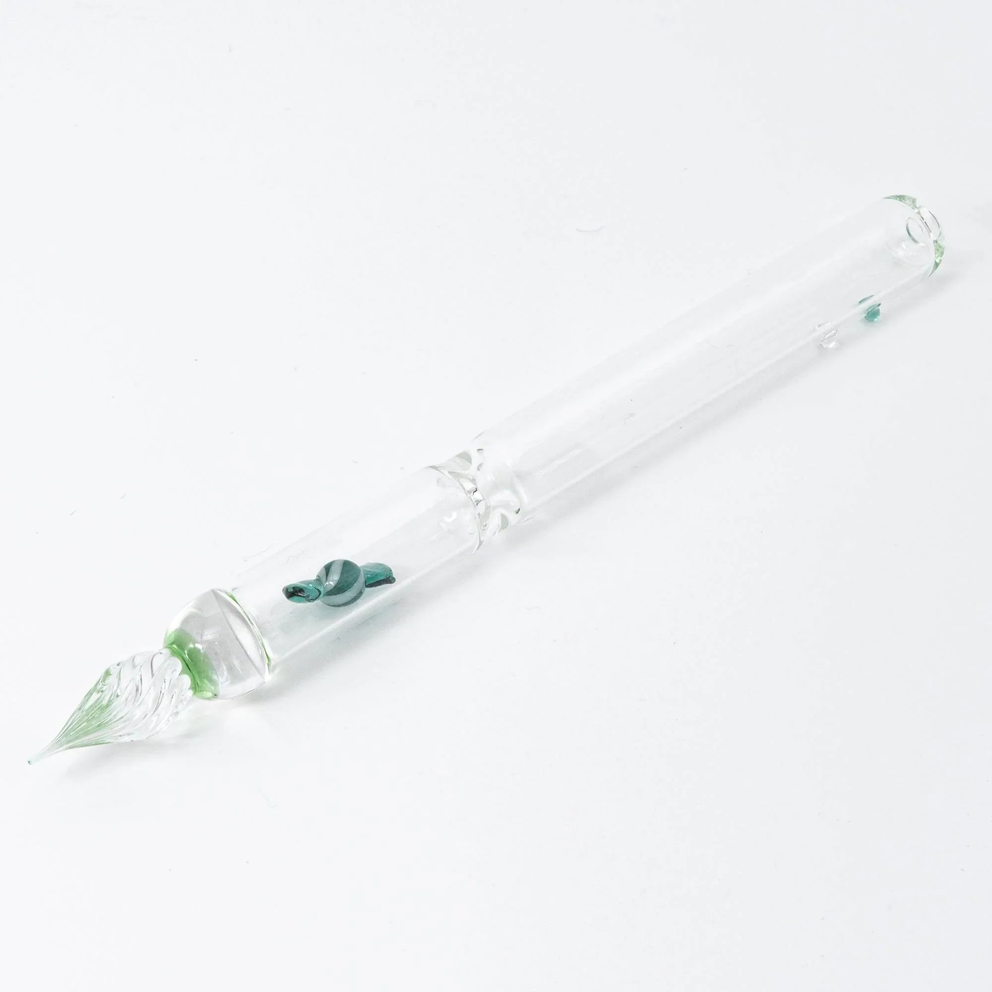 Green Candy Captured glass dip pen featuring emerald green with candy bubble inclusions and twisted nib with holder