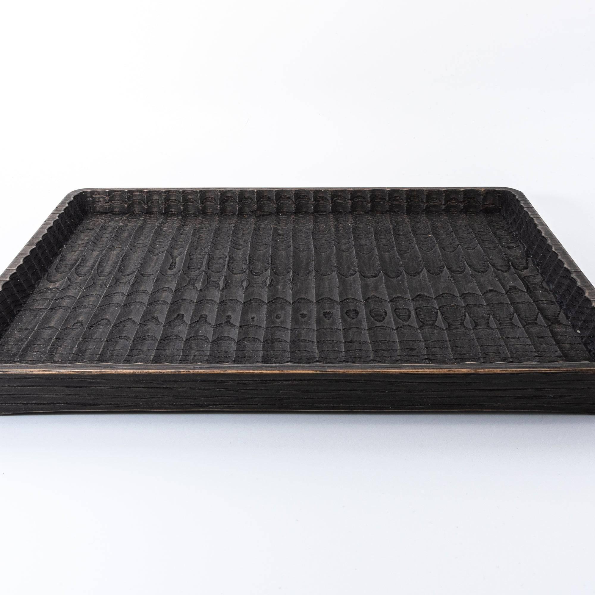 Japanese hand-carved chestnut wood pen tray with fine wave channel carved pattern and light natural wood tone