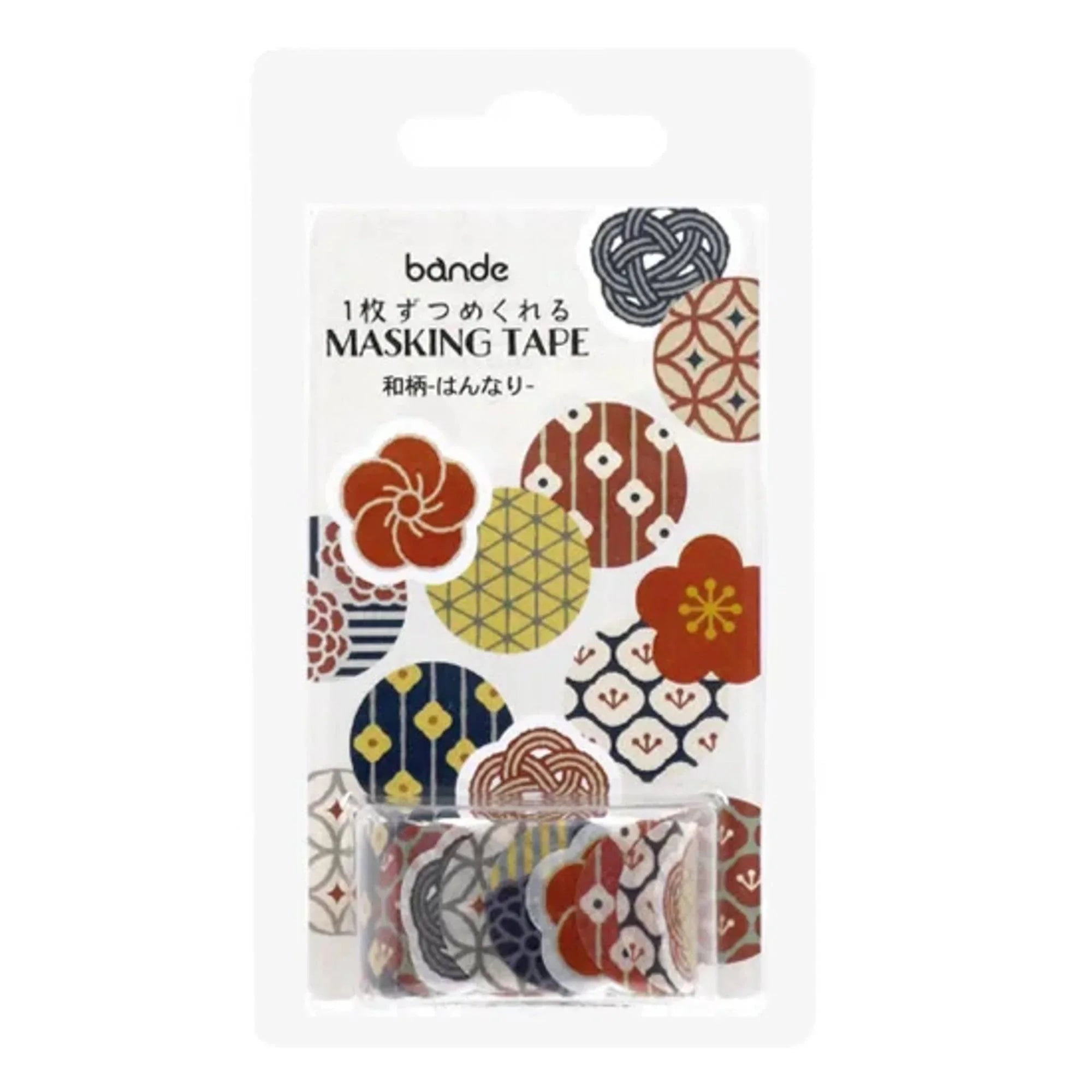 Hannari Japanese pattern Bande masking tape roll displaying colorful geometric and floral sticker designs here