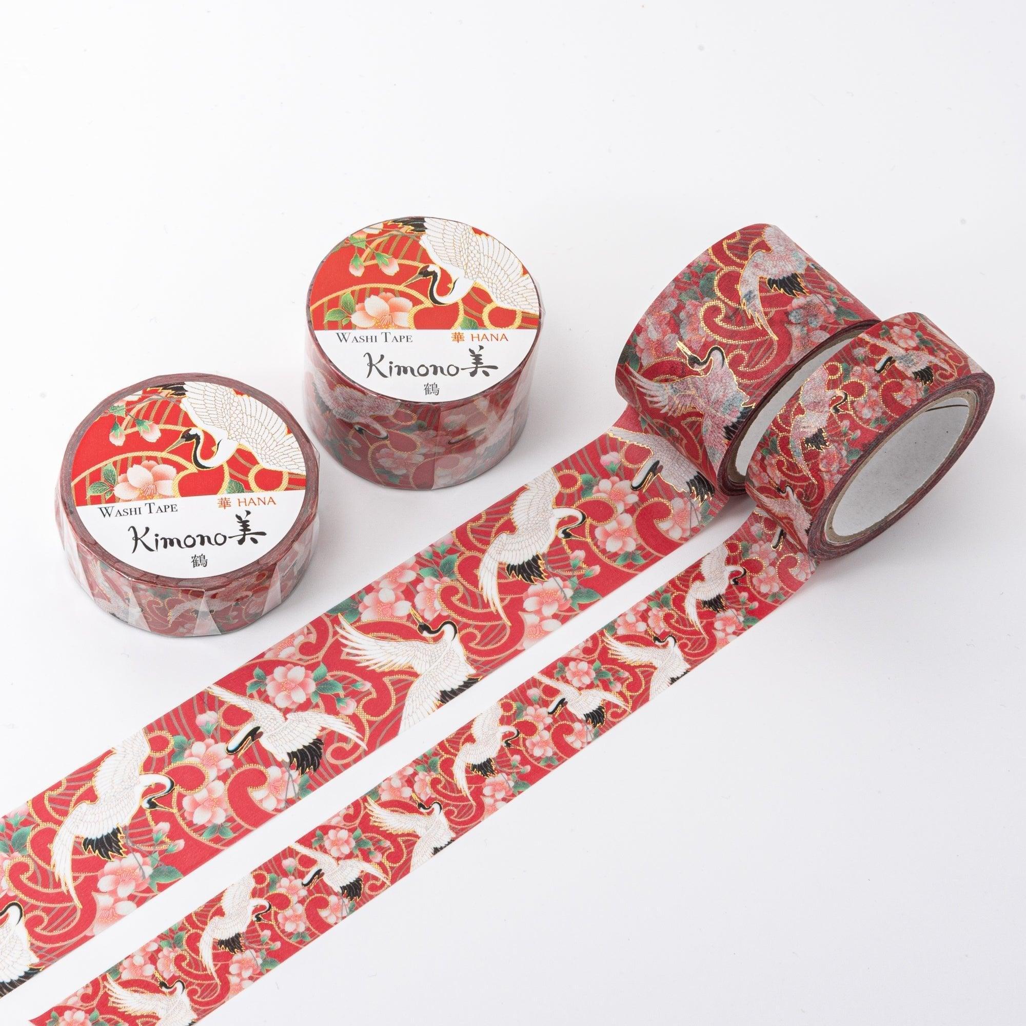 Kimono Beauty Crane Iyo washi tape roll with traditional Japanese textile design featuring sacred crane motifs