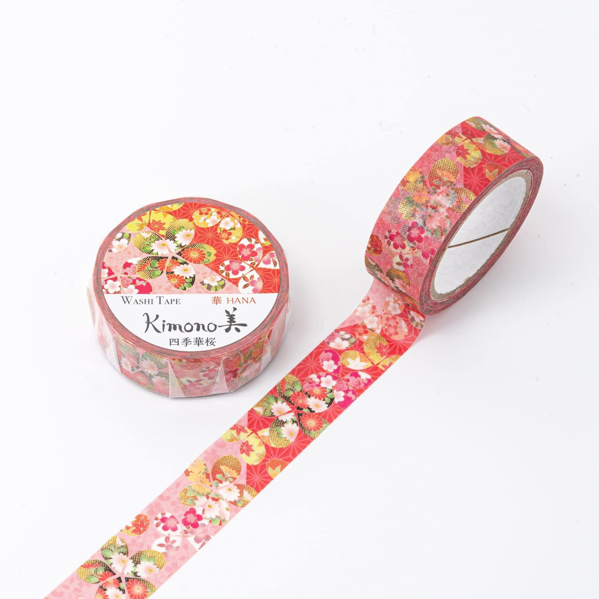 Kimono Beauty Four Seasons Flowers Iyo washi tape roll featuring traditional Japanese textile design on white background