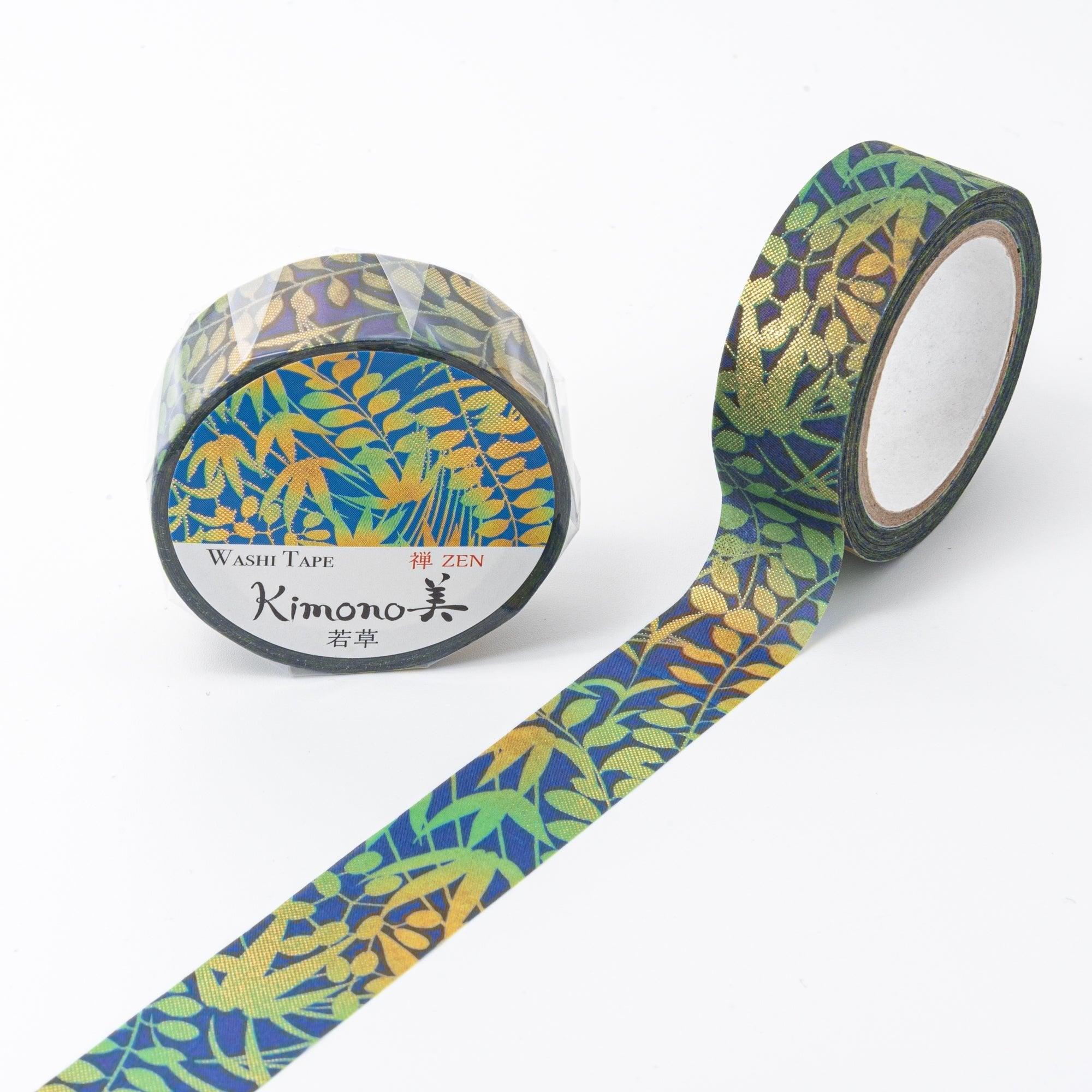 Kimono Beauty Fresh Grass Iyo washi tape flat lay view displaying traditional Japanese textile with botanical imagery