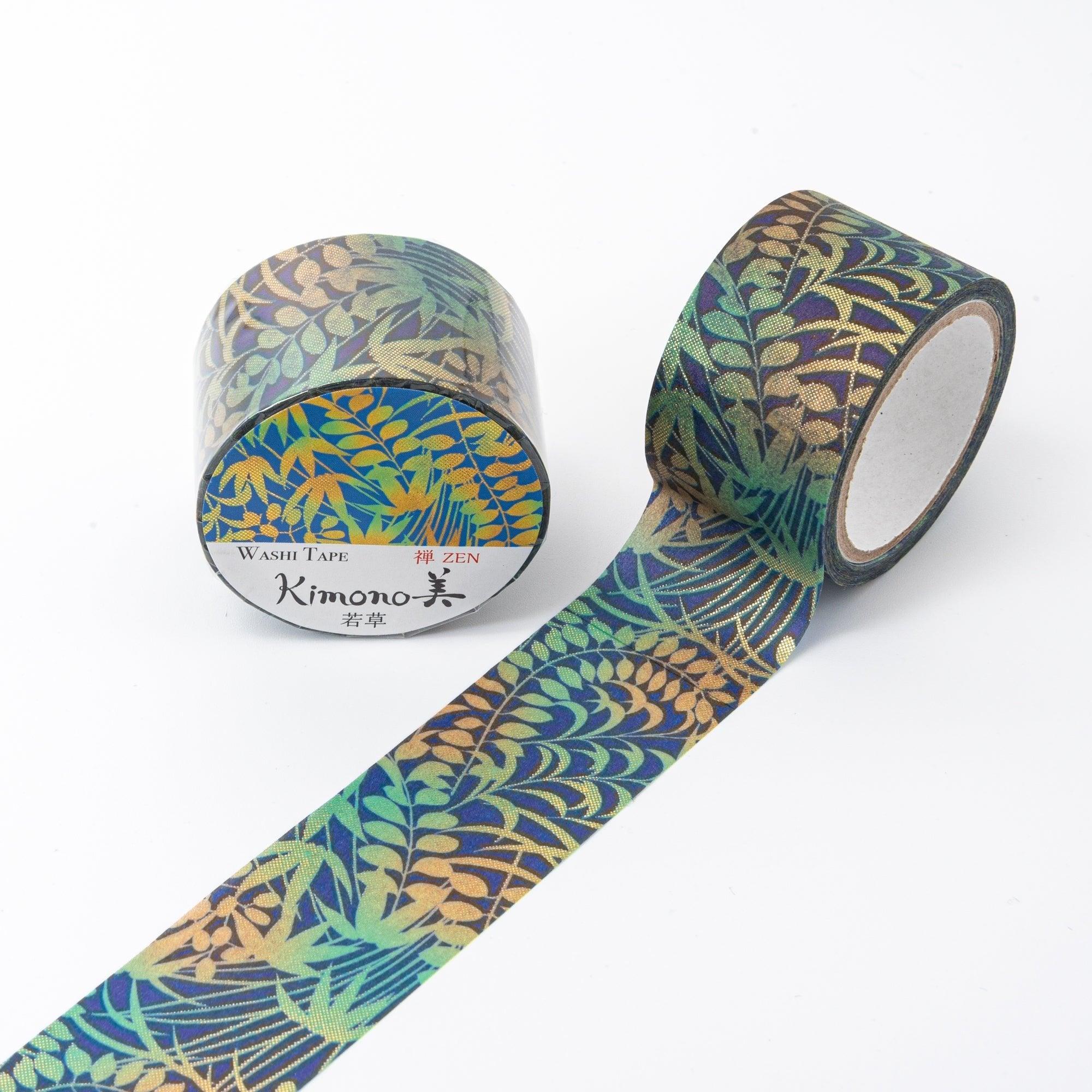 Kimono Beauty Fresh Grass Iyo washi tape roll wound on spool with Japanese traditional grass motif textile pattern
