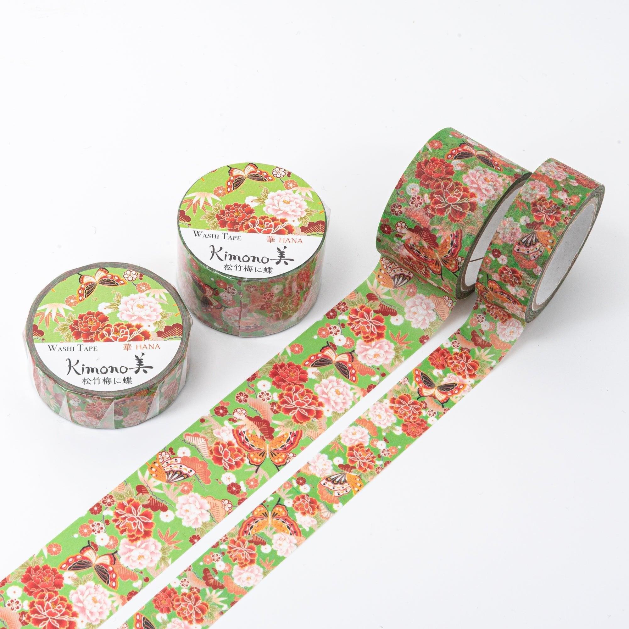 Kimono Beauty Pine, Bamboo, and Plum with Butterflies Japanese washi tape roll, Japanese traditional textile design