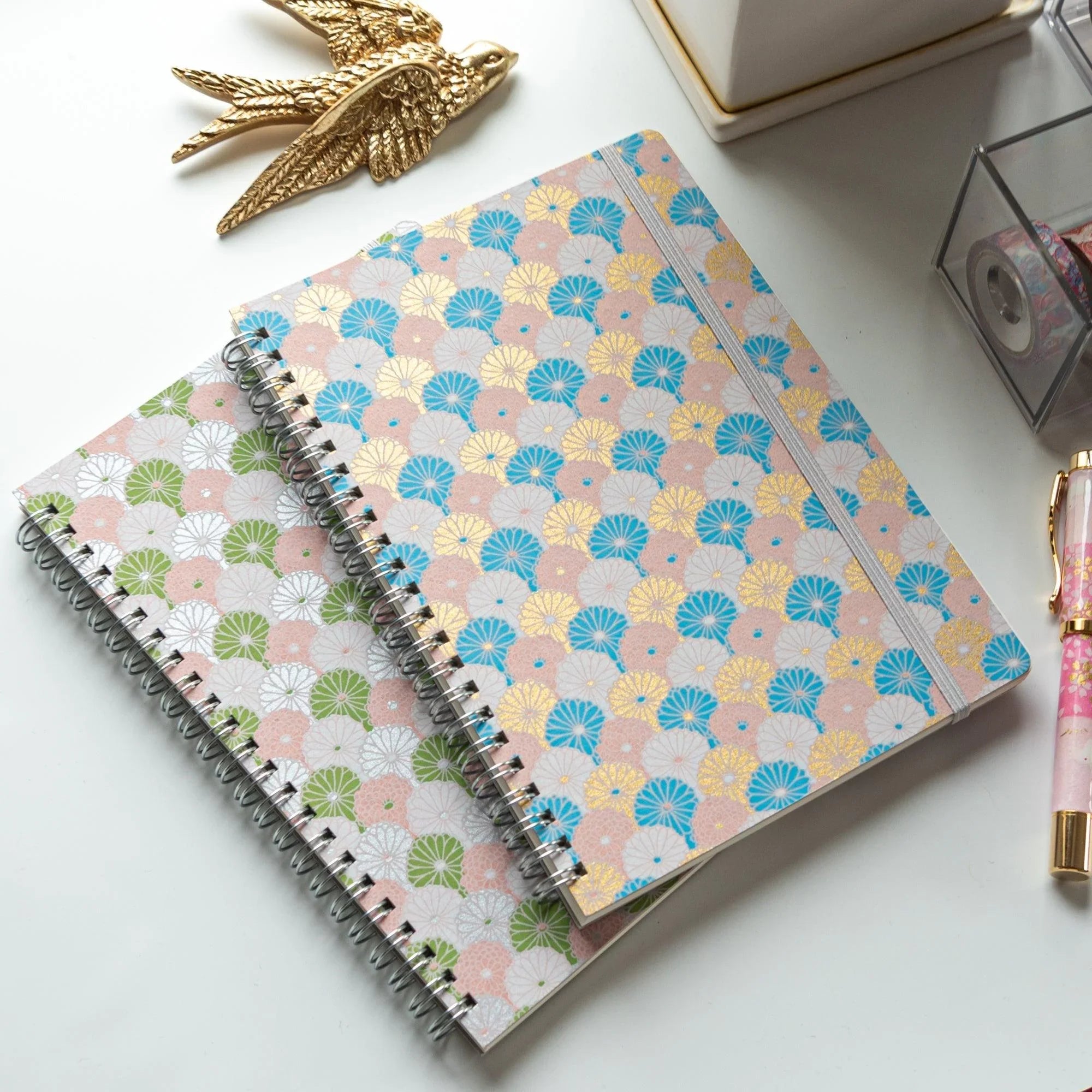 A5 spiral notebook with lavender hand-dyed Yuzen washi and chrysanthemum pattern with traditional Japanese craftsmanship