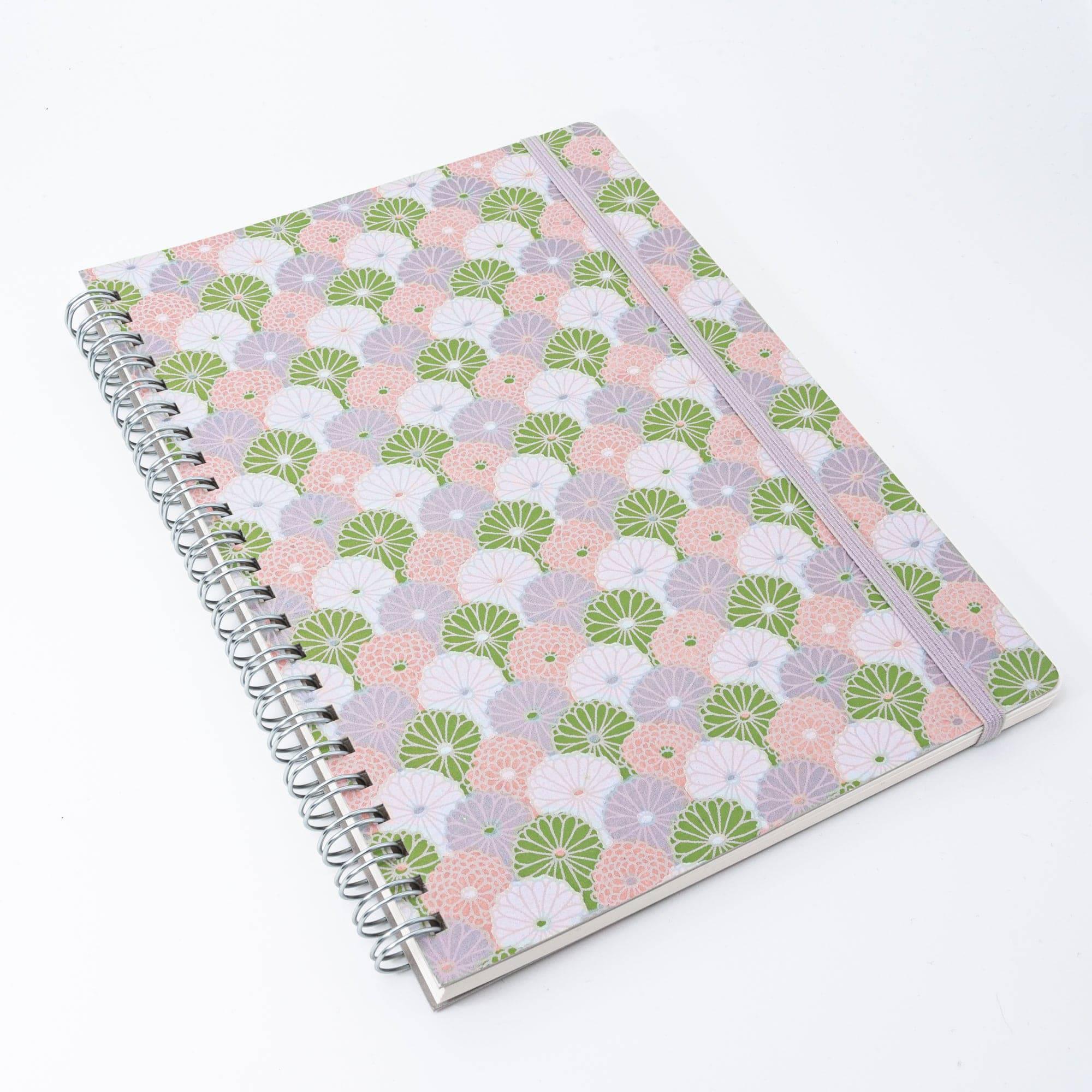Pastel lavender chrysanthemum Yuzen washi notebook A5 with hand-dyed floral pattern with traditional Japanese craftsmanship