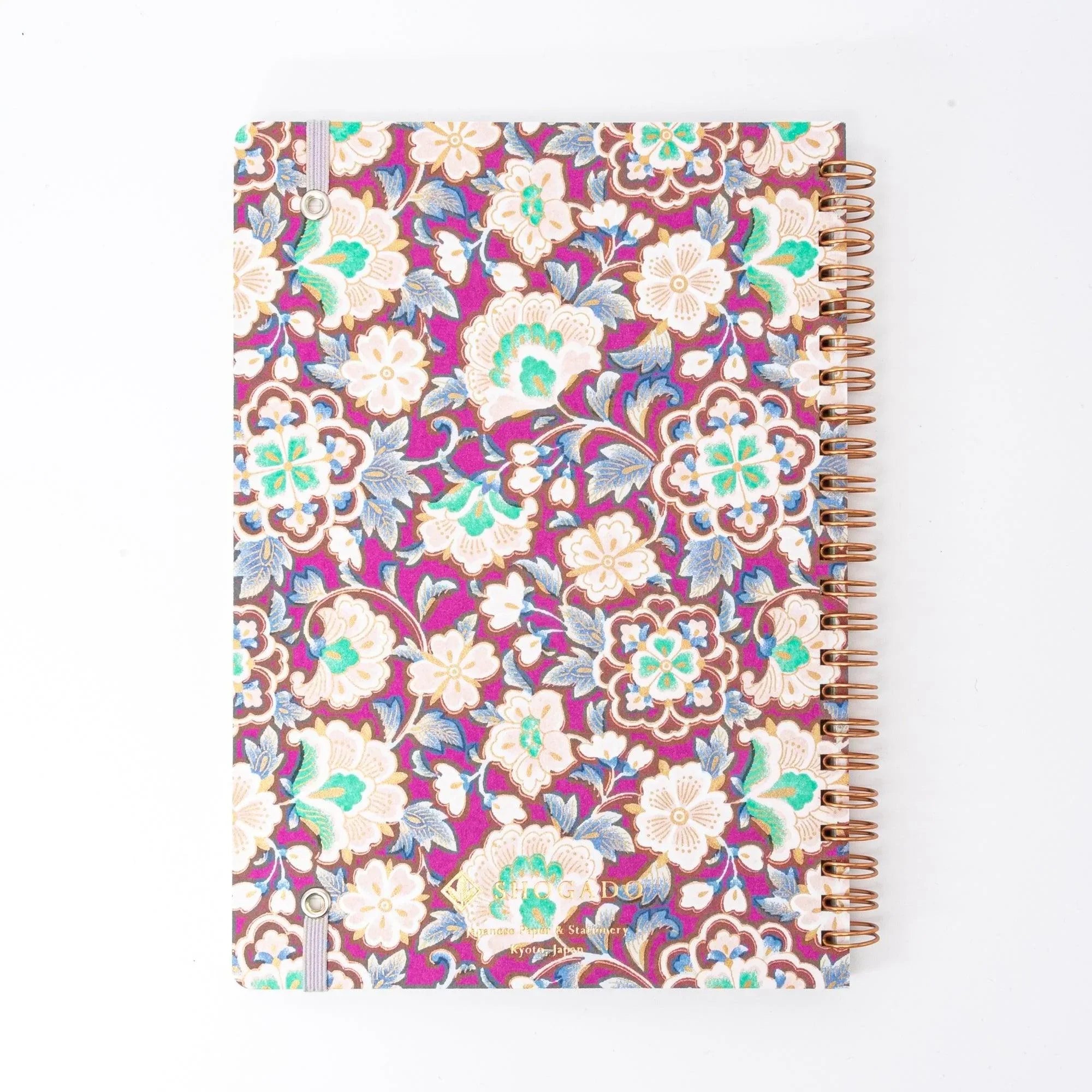 Back cover of magenta Garden Japanese ring notebook showing yuzen washi floral pattern and Shogado gold foil logo at bottom