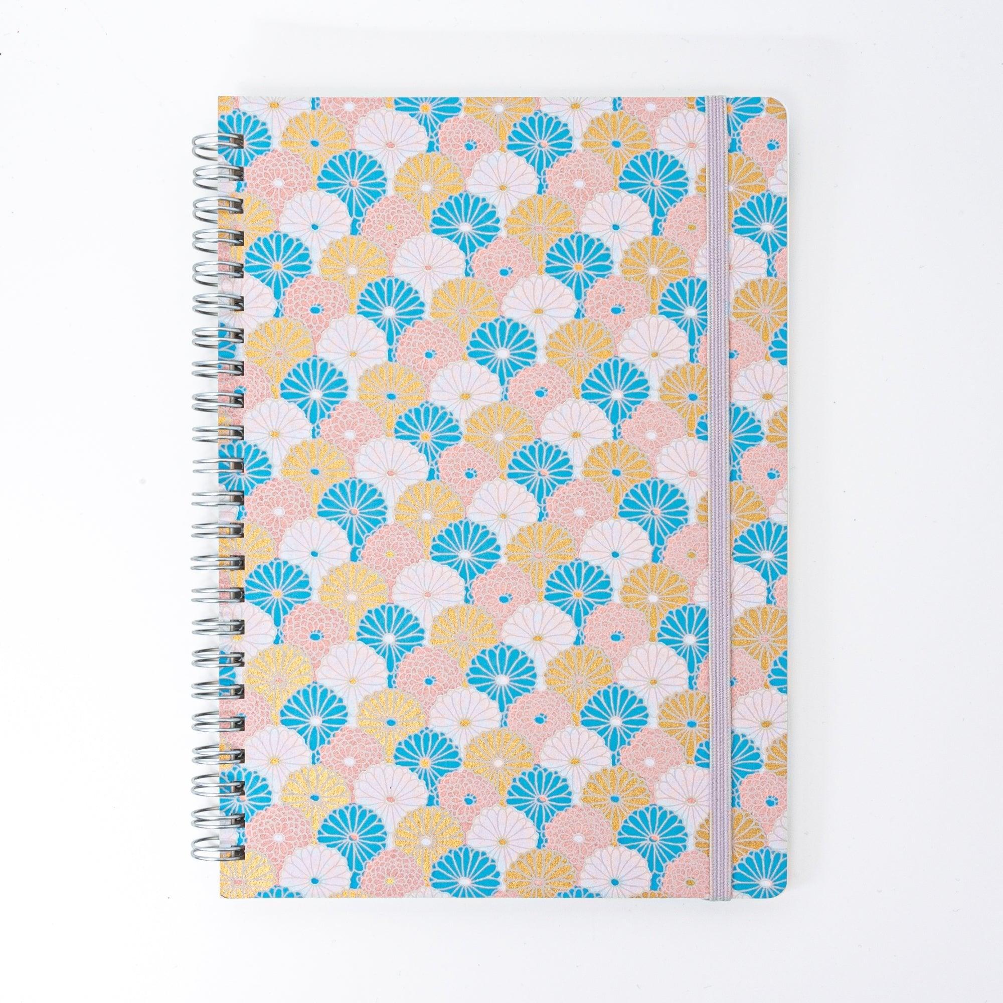 Sky Blossom Pastel Chrysanthemum Hand-Dyed Yuzen Washi Spiral Notebook (A5), side profile view of product