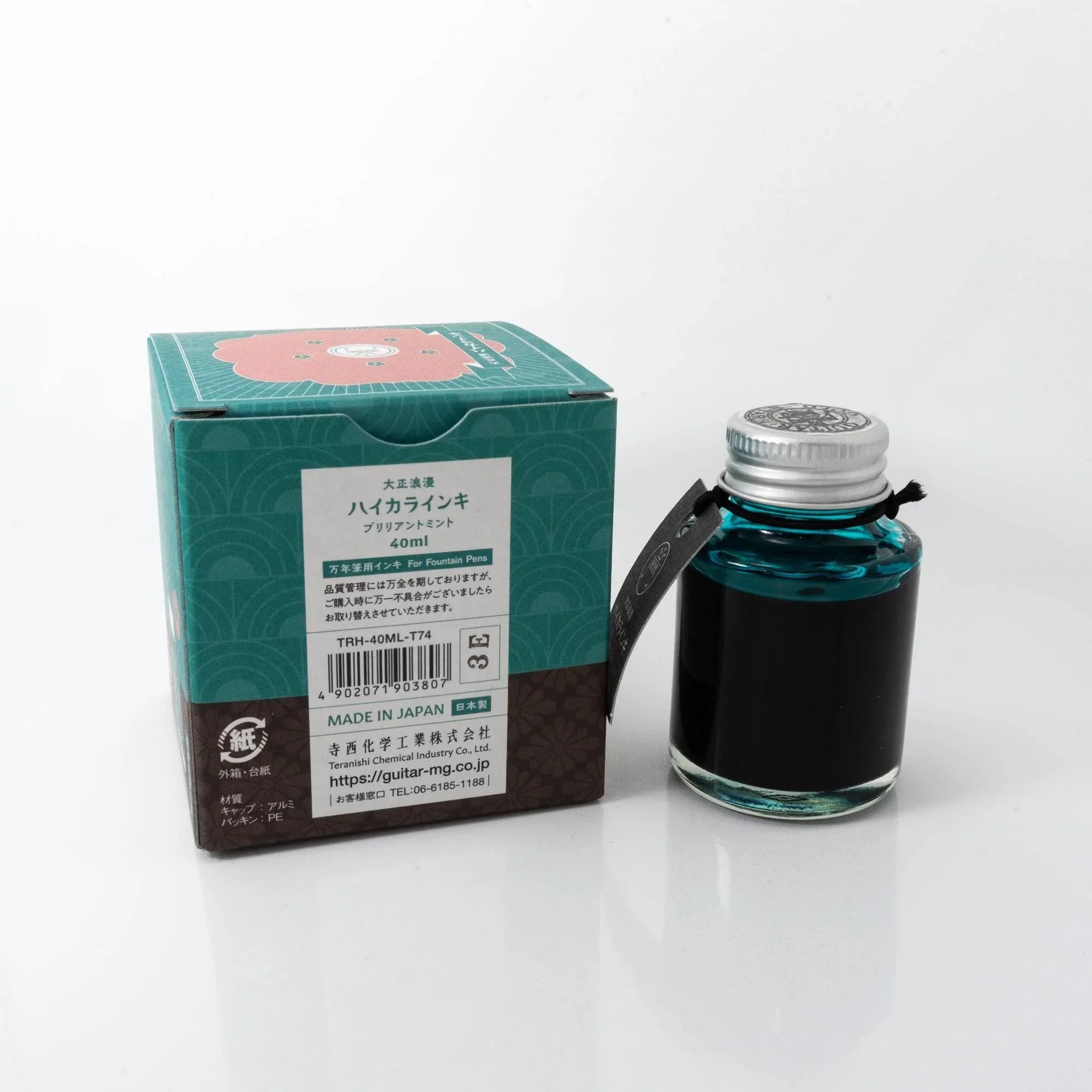 Japanese calligraphy characters brush painted with Taisho Romance Brilliant Mint fountain pen ink strokes