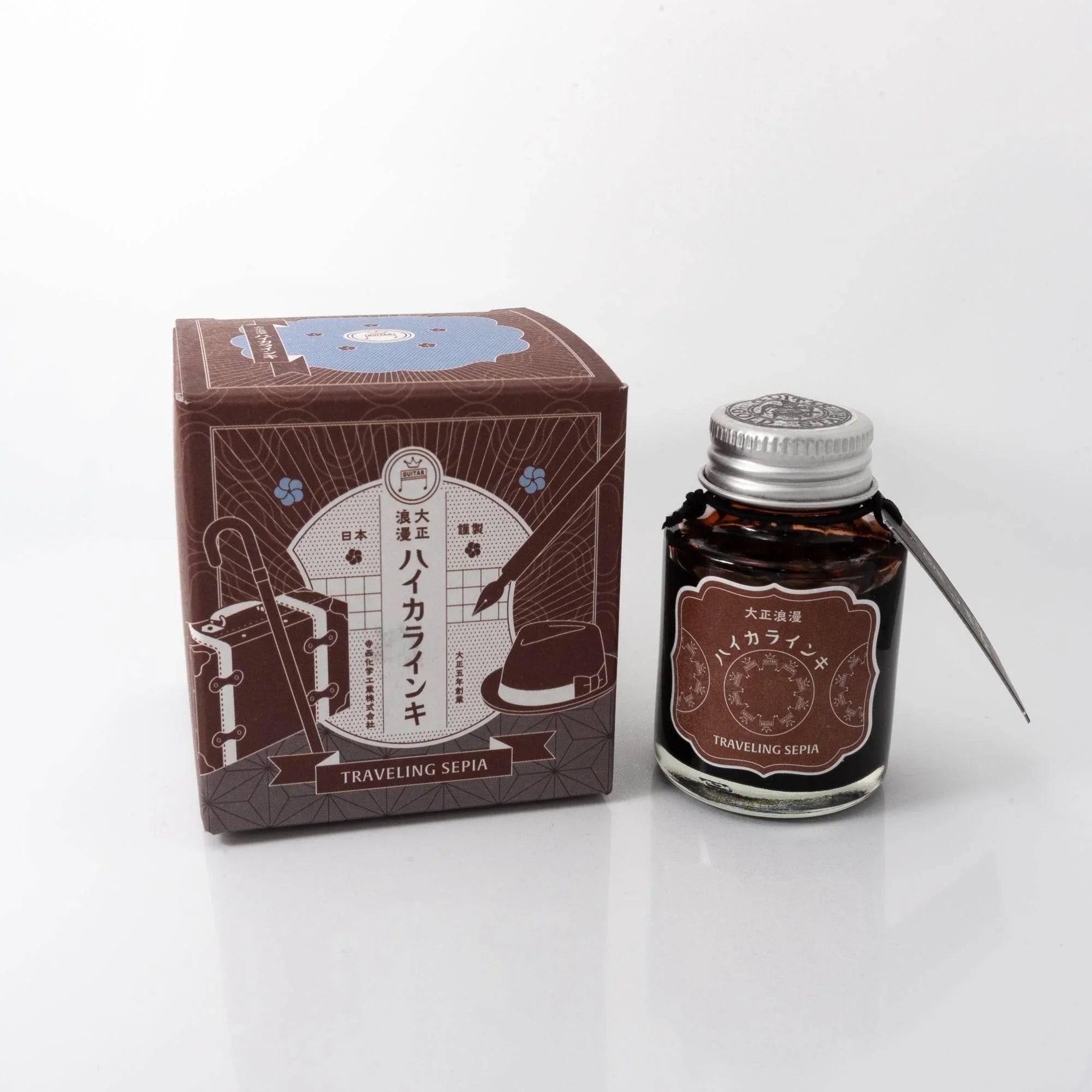 Taisho Romance Traveling Sepia fountain pen ink bottle with ornate art nouveau label design detail shot