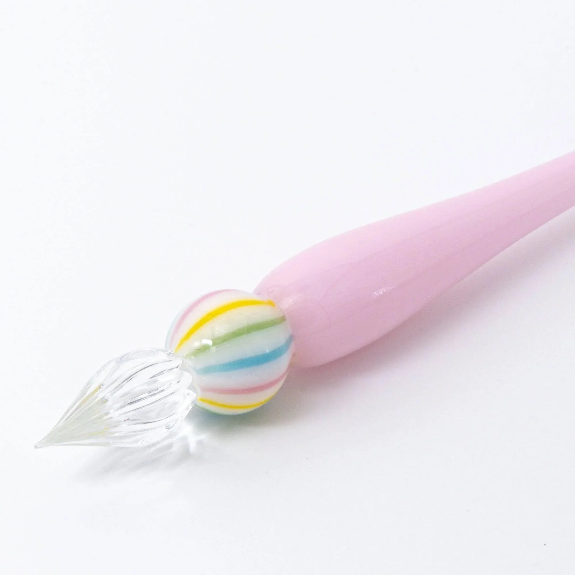 Wagashi Sakura Mochi glass dip pen angled display revealing coral red mochi-shaped decorative element and structure