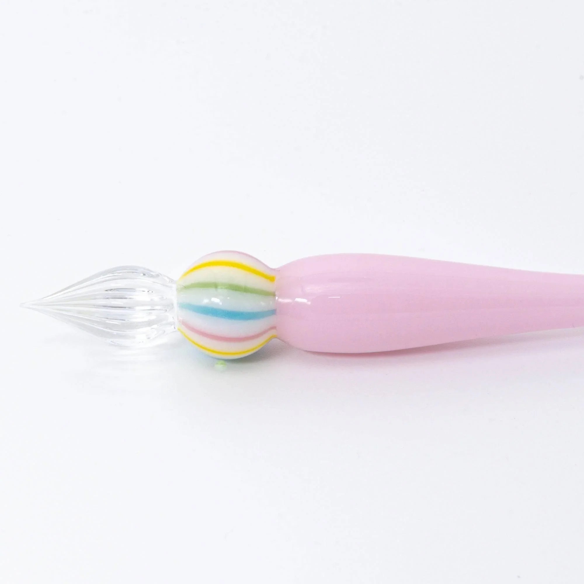 Wagashi Sakura Mochi glass dip pen showing complete design with coral red mochi-shaped top and pink glass shaft