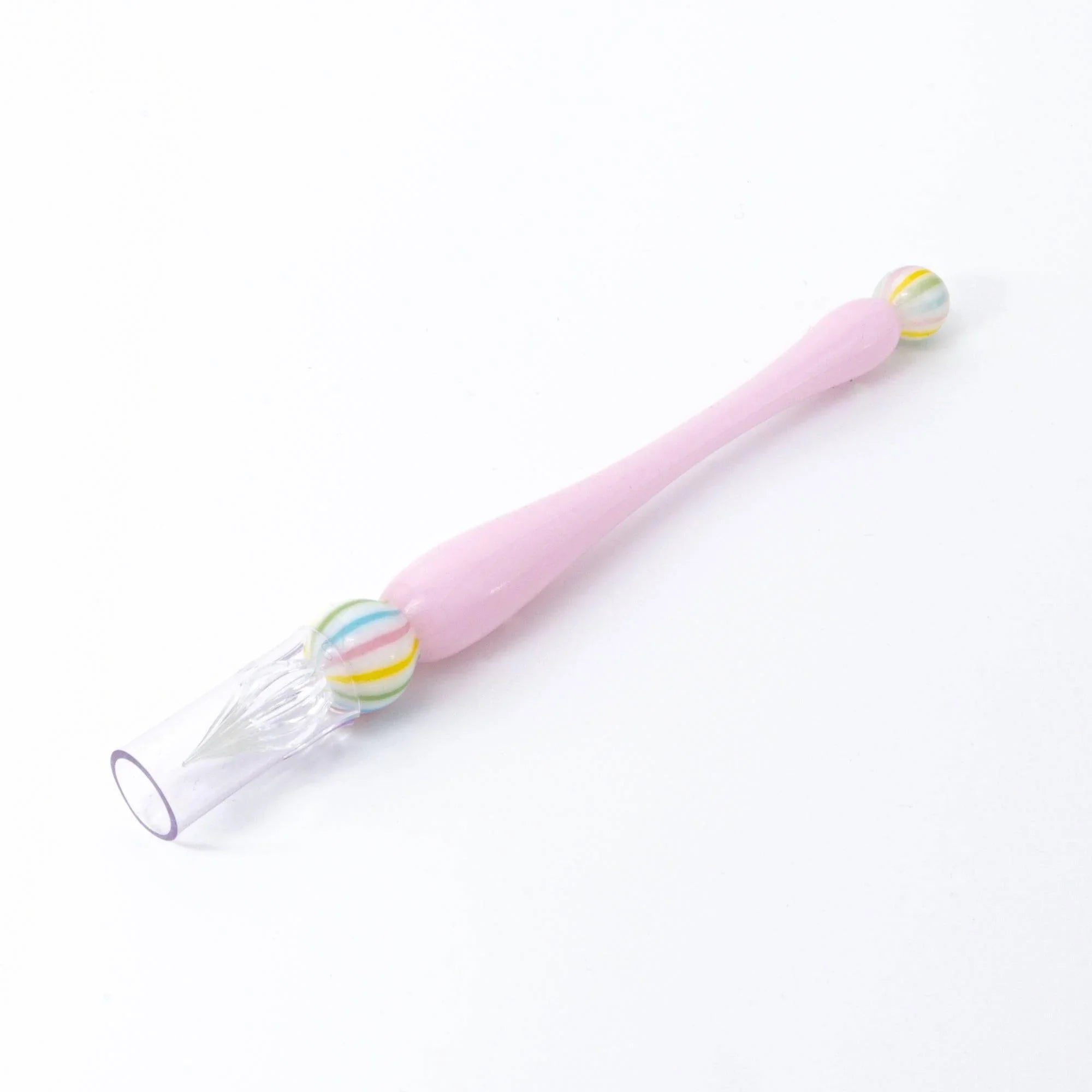 Wagashi Sakura Mochi glass dip pen displaying matte coral red mochi-shaped glass handle top with barrel attachment