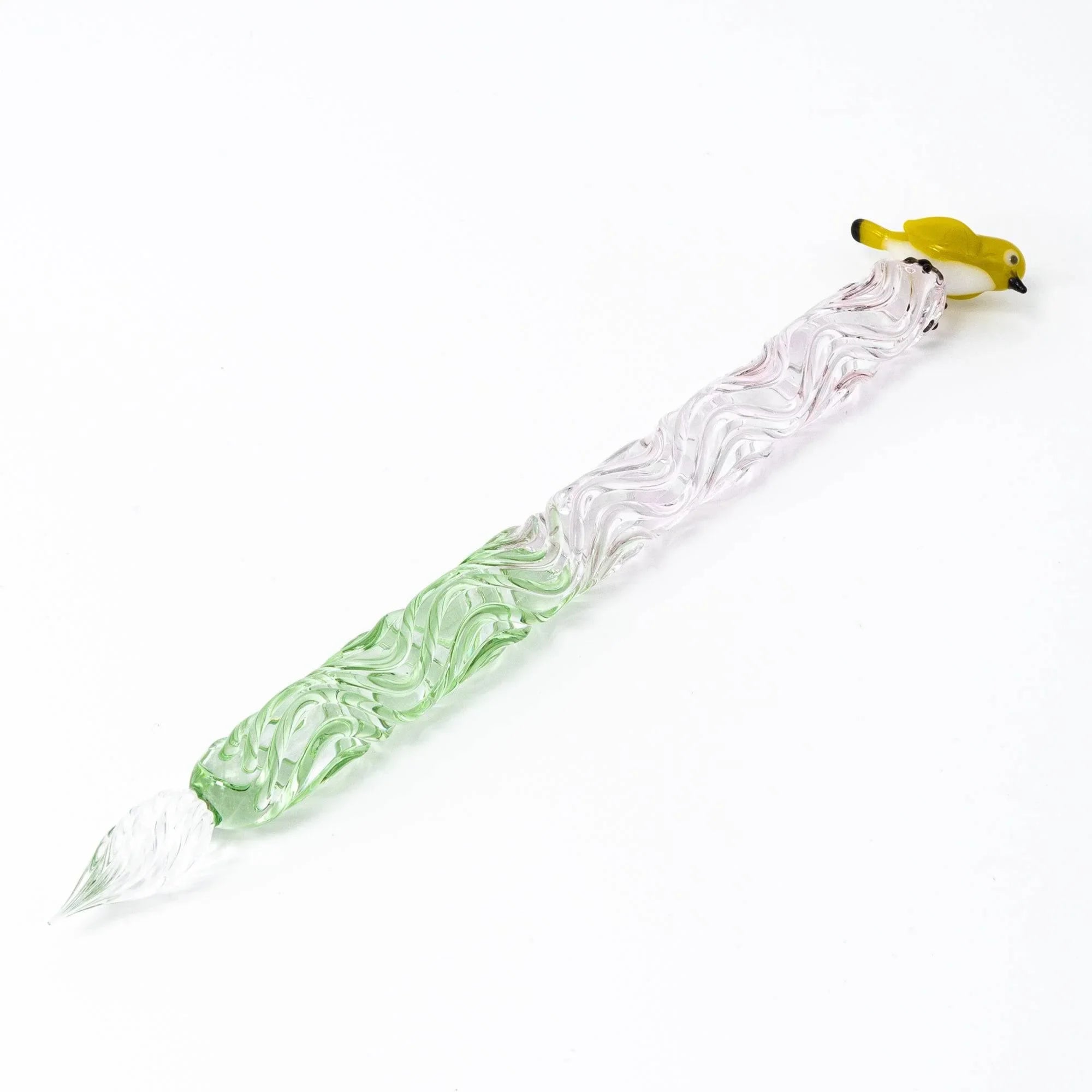 Warbling White-eye glass dip pen featuring mejiro bird inspiration with hand-made green white glass with holder